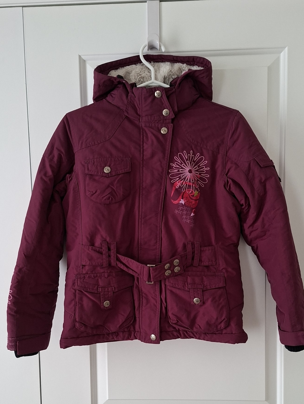 Kids Winter Hooded Jacket Zipper Belt Pockets